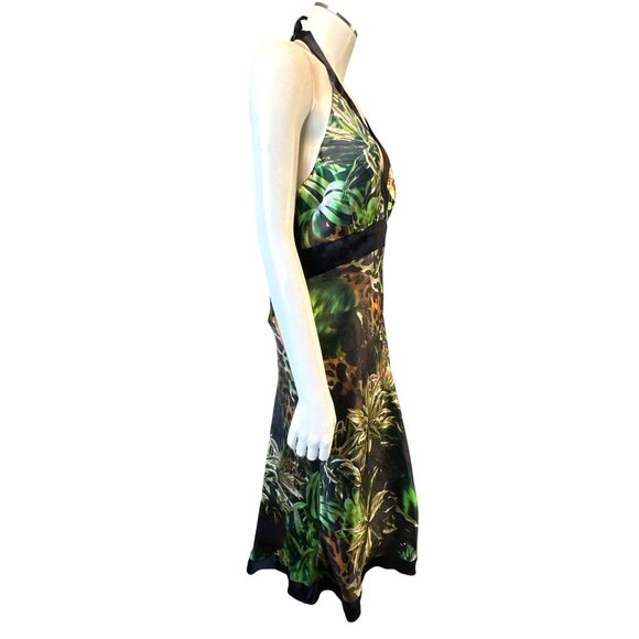 Cache Size Medium Green Jungle Print Silk Halter Dress Tropical Chic Resort Core - Picture 6 of 15